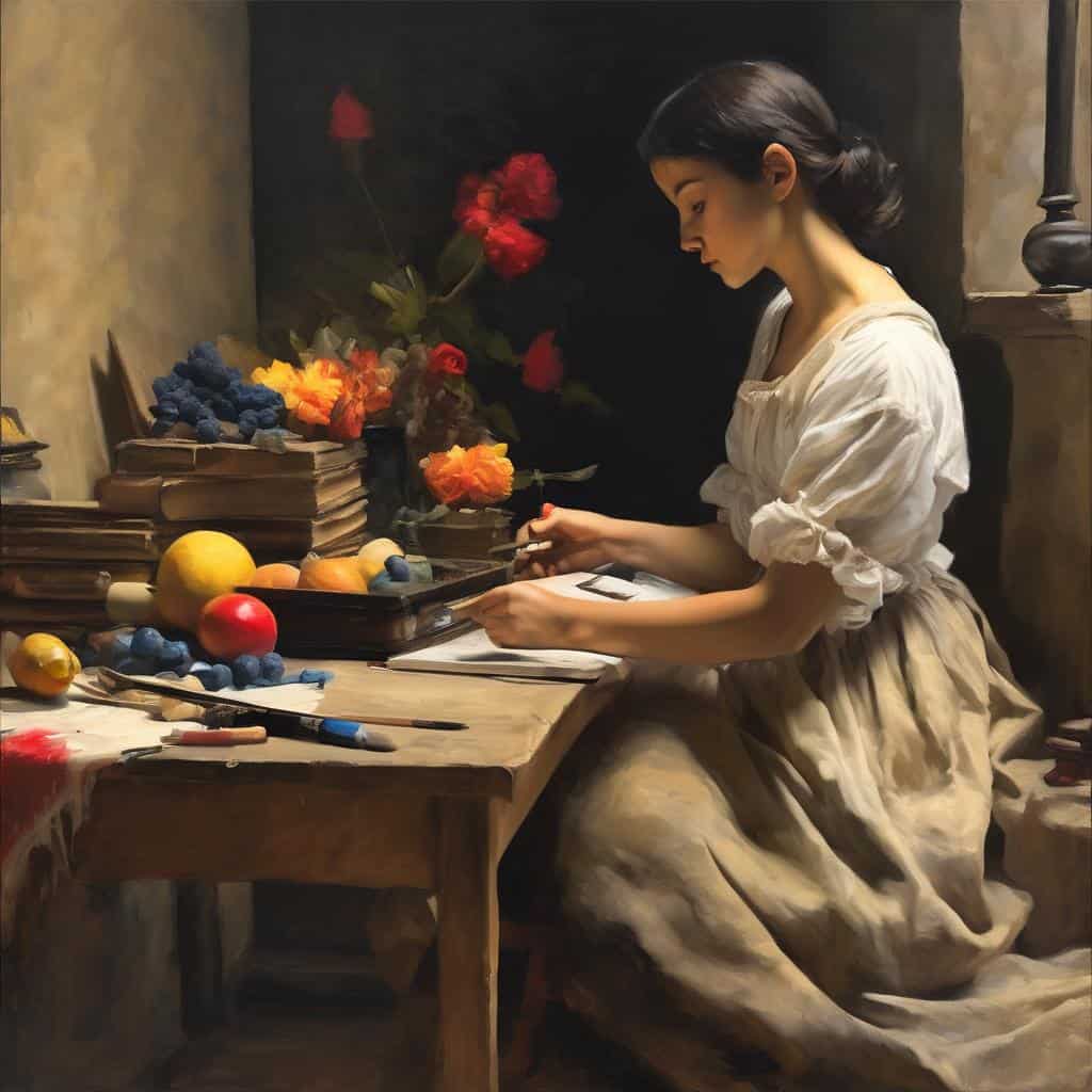 Καλλιτεχνικές τεχνικές και αναλύσεις σε έργο ζωγραφικής με σπουδαίες χρωματικές αποχρώσεις και παραστατικά στοιχεία.