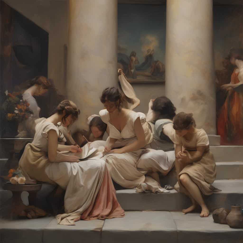 Όμορφη ζωγραφική με γυναίκες και παιδιά σε αρχαιολογικό μουσείο, αναλύσεις καλλιτεχνικών τεχνικών, ιστορική τέχνη και θέματα.