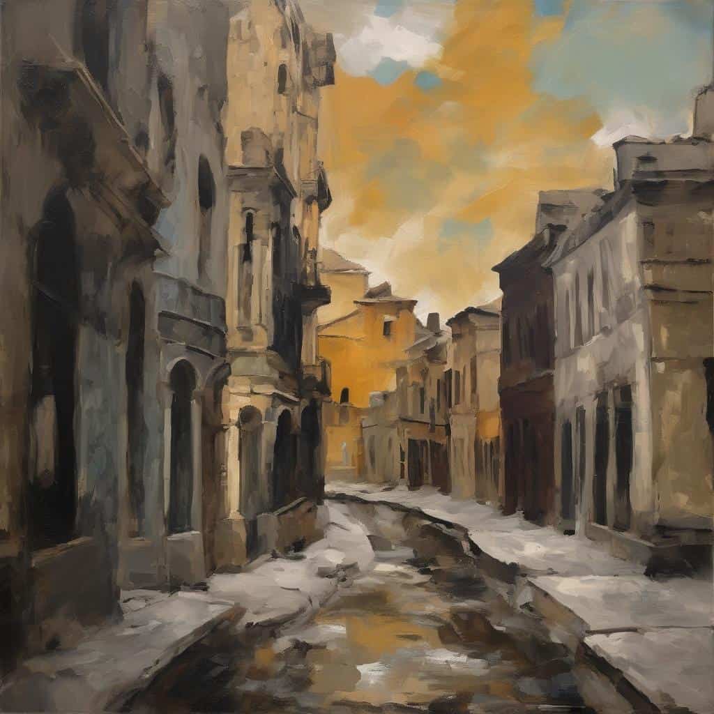 Γραφική πόλη σε ζωγραφική με καλλιτεχνικές τεχνικές και αναλύσεις, ιδανικό για τέχνη και τέχνη γραφικών.