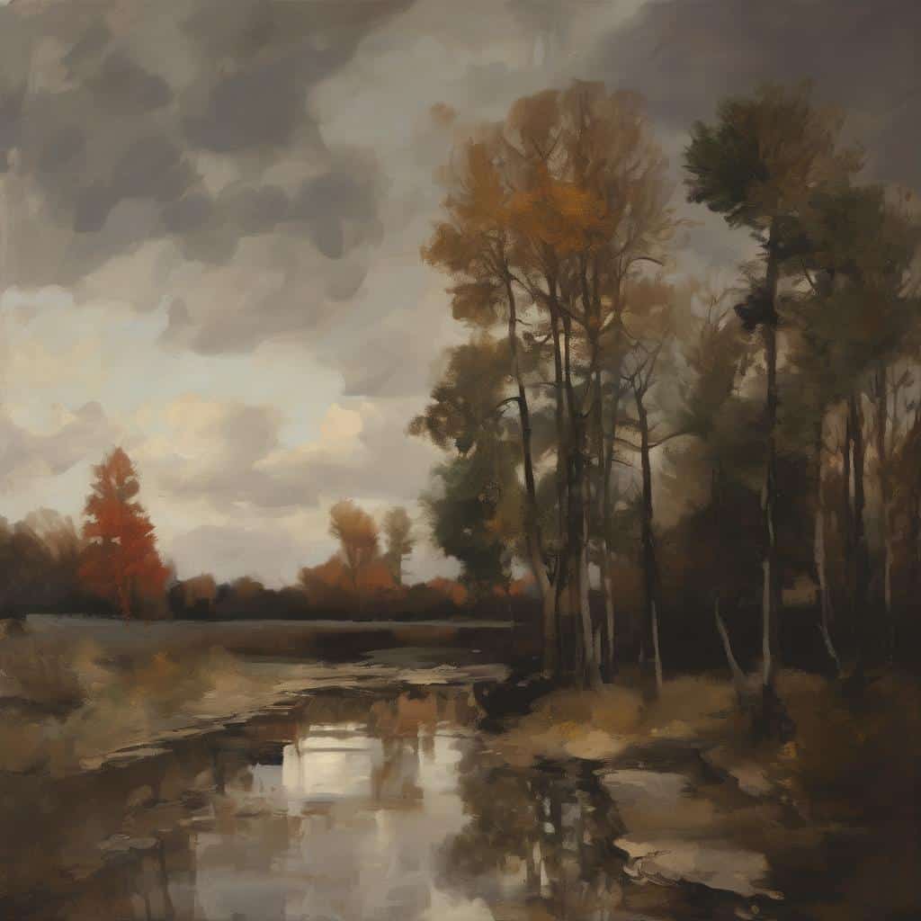 Φύση σε φθινοπωρινό τοπίο με δέντρα και ποτάμι, σε ζωγραφική καλλιτεχνική τεχνική και ανάλυση.