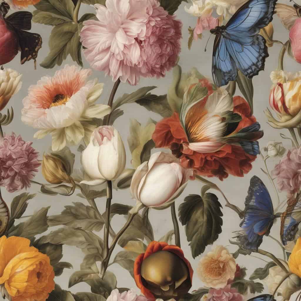 Λιθογραφία με λουλούδια και πεταλούδες, τέχνες και αναλύσεις, καλλιτεχνικές τεχνικές.