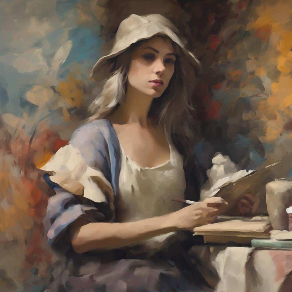 Ζωντανό πορτρέτο γυναίκας ζωγράφου με καπέλο, σε καλλιτεχνική σύνθεση και ανάλυση τεχνικών ζωγραφικής.